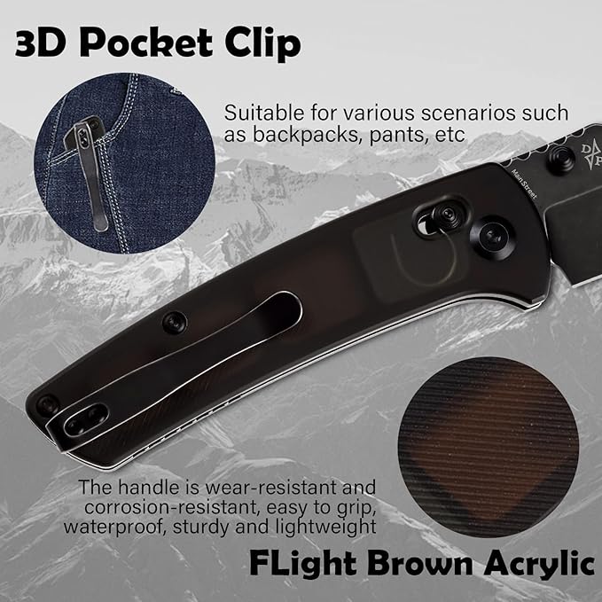 KANSEPT Main Street Pocket Folding Knife, 3.36''Black Ticn Coated 154CM Sharp Blade, Light Brown Acrylic Handle with Axis Lock Thumb Stud, Perfect Clip for Camping Fishing Gift Everyday Carry T1015v8