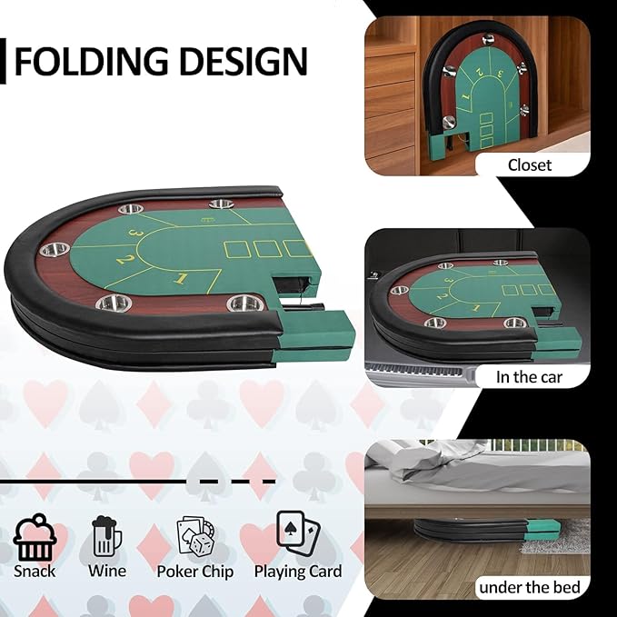 Premium 84" Poker Table Foldable with Chips Tray, 10 Player Oval Folding Portable Texas Holdem Table with Cushioned Rail & Stainless Steel Cup Holders, Green Felt Surface