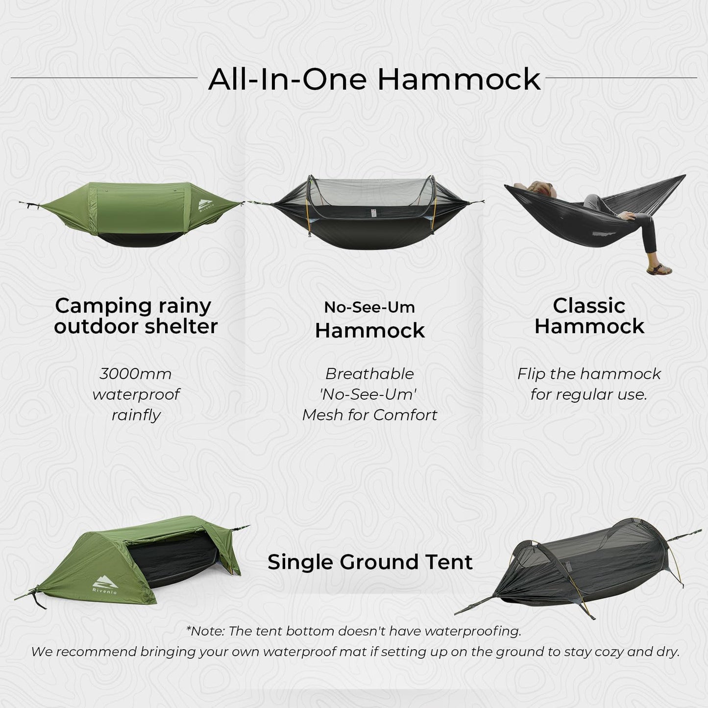 Rivenlo Camping Hammock Tent with Mosquito Net & RainFly, 3 in 1 Waterproof Portable Sleeping