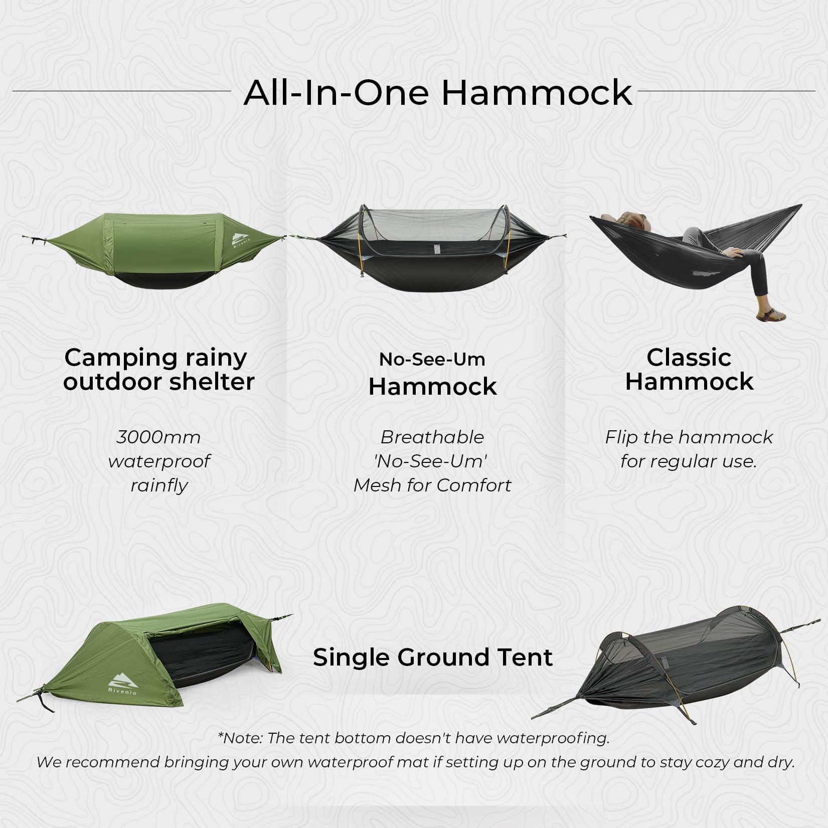 Rivenlo Camping Hammock Tent with Mosquito Net & RainFly, 3 in 1 Waterproof Portable Sleeping
