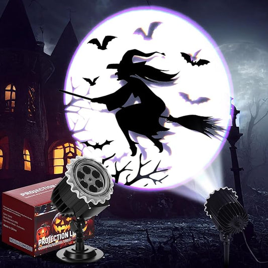 Halloween Projector Light with 1 Film Slides Holiday LED Projector Lights Outdoor Reflectors Waterproof Landscape Decorative Rotation Lighting Movement Projection Lamp(Witch)