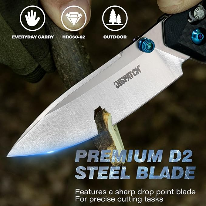 Dispatch Axis Lock Folding Pocket Knife with Clip, 3.27" D2 Steel Blade and Carbon Fiber Handle, Camping Folding Knives for Men Women Hiking Survival Pocketknife