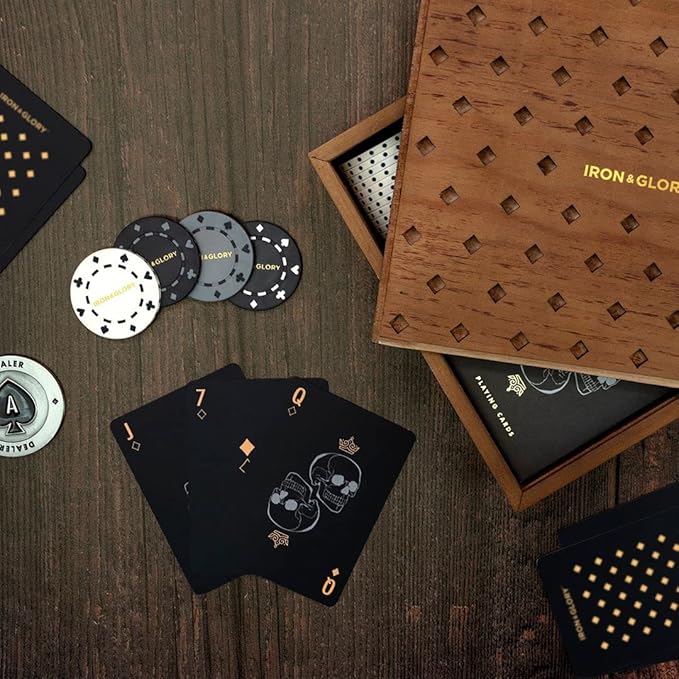 Iron & Glory Poker Set - Luxury Poker Set in Premium Wooden Box - Includes Playing Cards & 100 Custom Chips - Below Deck - Engraved Ace Of Spades Metal Dealer Chips - Board Games - Travel Games