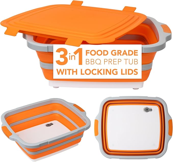 EJKJ Collapsible Cutting Board & Grill Caddy with Lid – Multifunctional Silicone Dish Tub & Food Prep Station for BBQ, Camping, Tailgates, Picnics & Veggie Washing