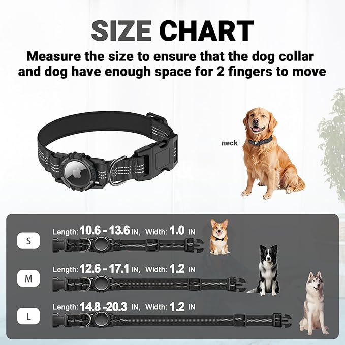 AirTag Dog Collar, IP68 Waterproof Integrated Air Tag Dog Collars with Reflective, Ultra-Durable, Comfortable Padded, Heavy Duty Dog Collars for Small Medium Large Dogs, S (10.6"-13.6"), Black