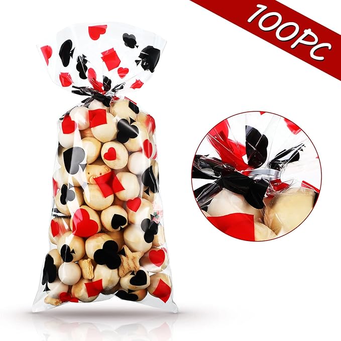 100 Pieces Casino Party Cellophane Treat Bags, Black Red Las Vegas Poker Plastic Candy Goodie Bags with 100 Silver Twist Ties for Casino Themed Poker Birthday Party Supplies