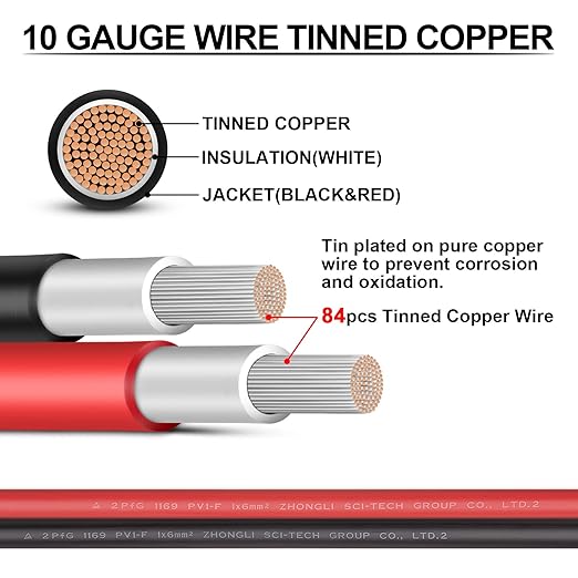 iGreely 10 Gauge Wire Tinned Copper Tray Cable - Connect Charge Controller and Battery for Solar Panel MPPT RV Automotive Marine Boat 5FT 10AWG