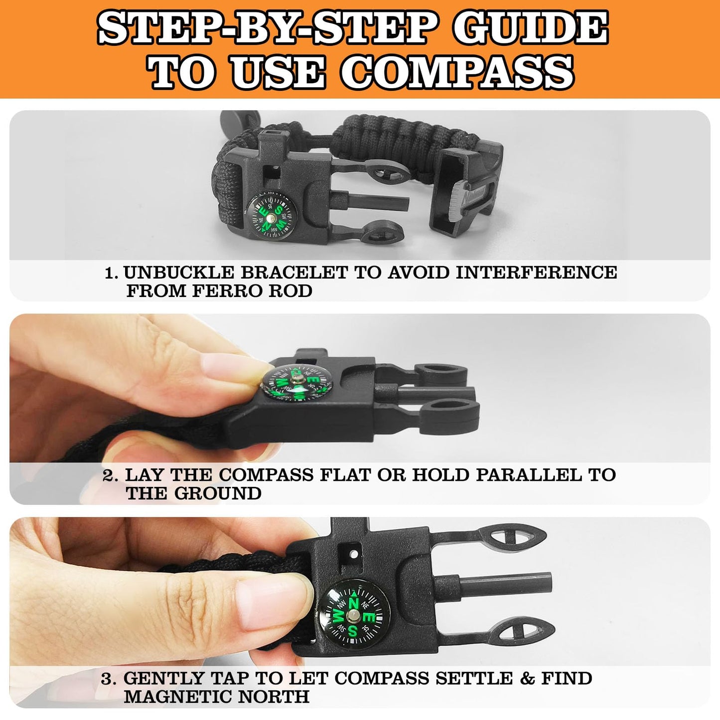 NVioAsport Paracord Survival Bracelet (3 Pack) - Adjustable with Fire Starter, Whistle, Compass