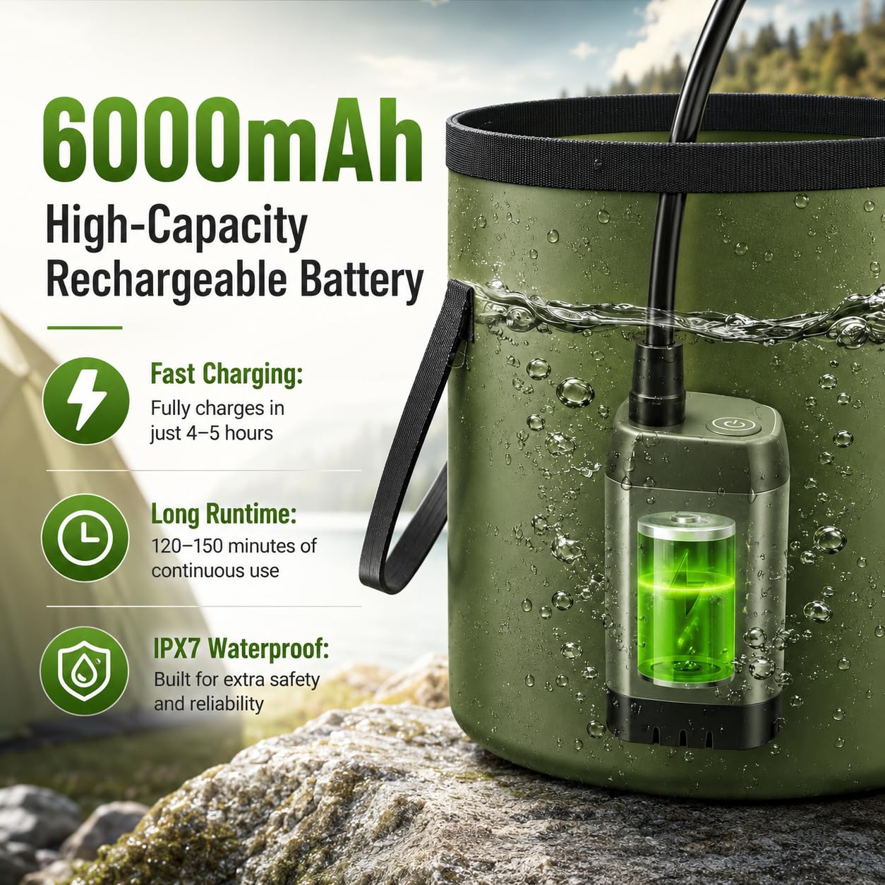 ELZONYX Portable Shower for Camping, 6000mAh Rechargeable Camping Shower with Intelligent LED