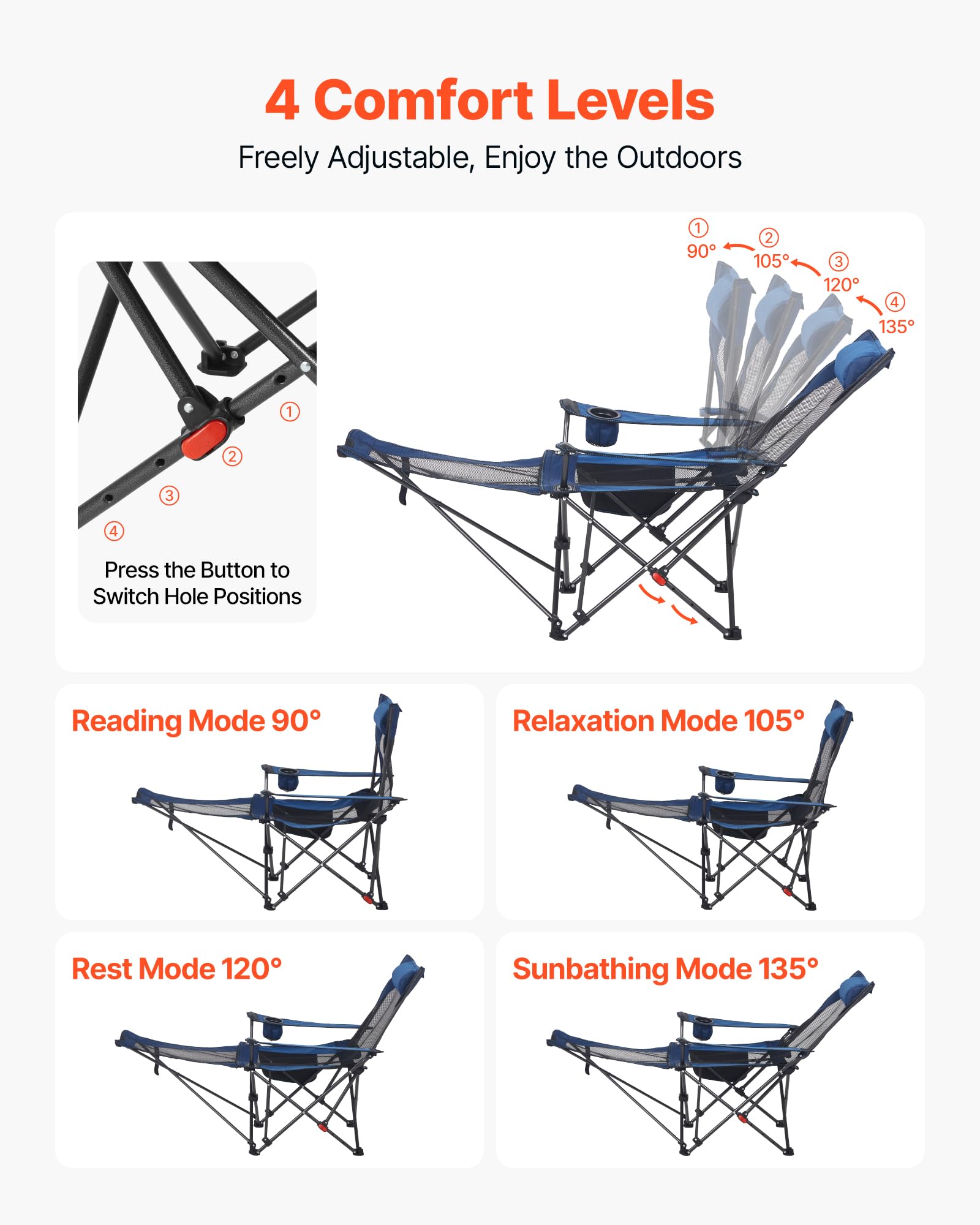 VEVOR 2-in-1 Reclining Camping Chair with Footrest for Adults, 4 Adjustable Positions, Portable