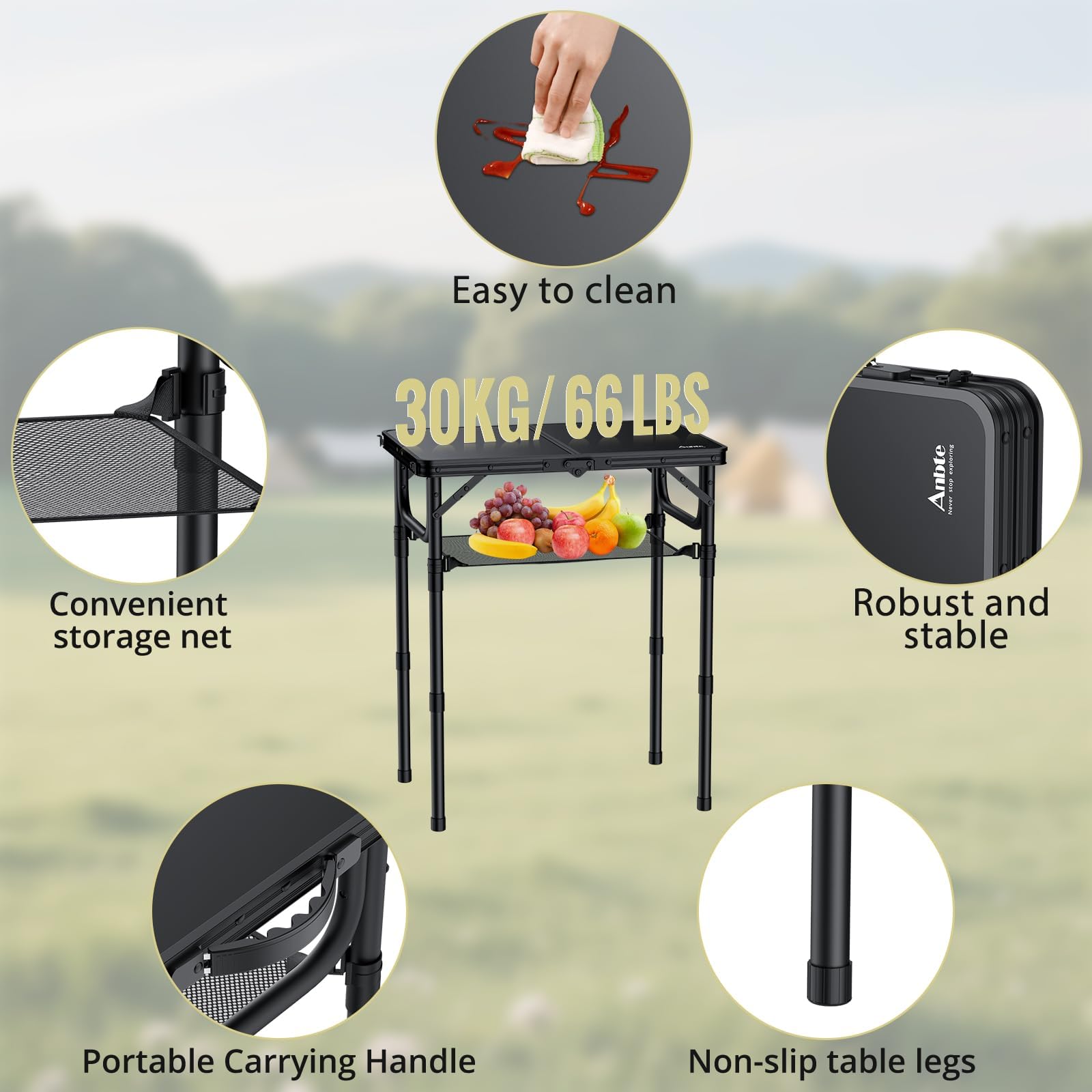 Anbte Folding Camping Table, 24"X 16" Adjustable Height Small Folding Table