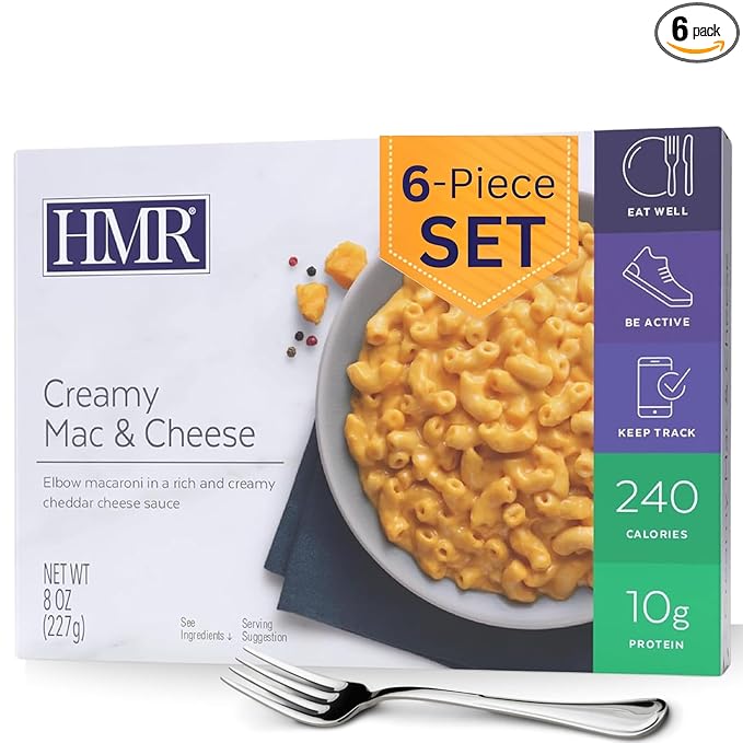 HMR Creamy Mac and Cheese Entrée | Pre-packaged Lunch or Dinner to Support Weight Loss | Ready to Eat | Vegetarian | 10g of Protein | Low Calorie Food | 8oz Serving per Meal | Pack of 6