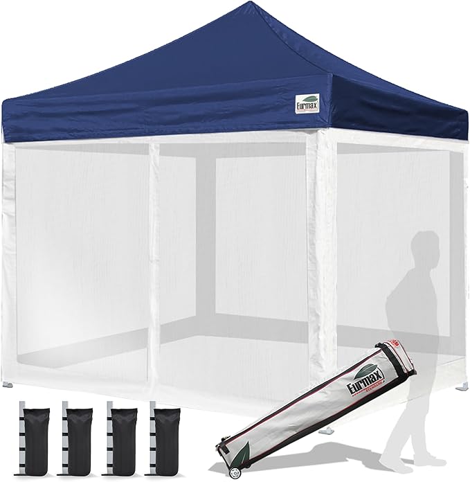 Eurmax USA 10'x10' Pop-up Canopy Tent Commercial Instant Canopies with 4 Removable Zipper End Screen Wall kit and Roller Bag, Bonus 4 SandBags(Navy Blue)