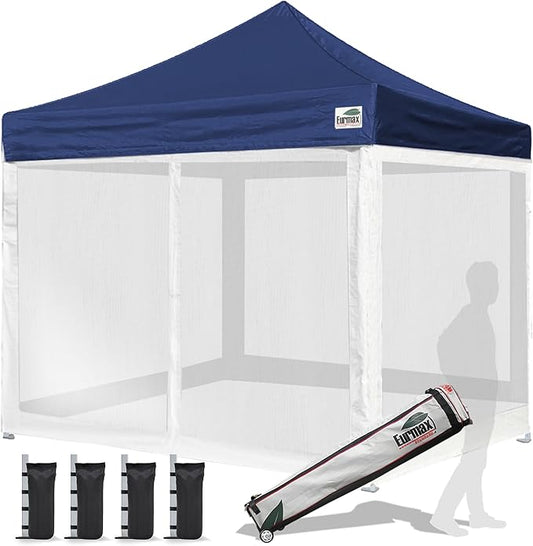 Eurmax USA 10'x10' Pop-up Canopy Tent Commercial Instant Canopies with 4 Removable Zipper End Screen Wall kit and Roller Bag, Bonus 4 SandBags(Navy Blue)