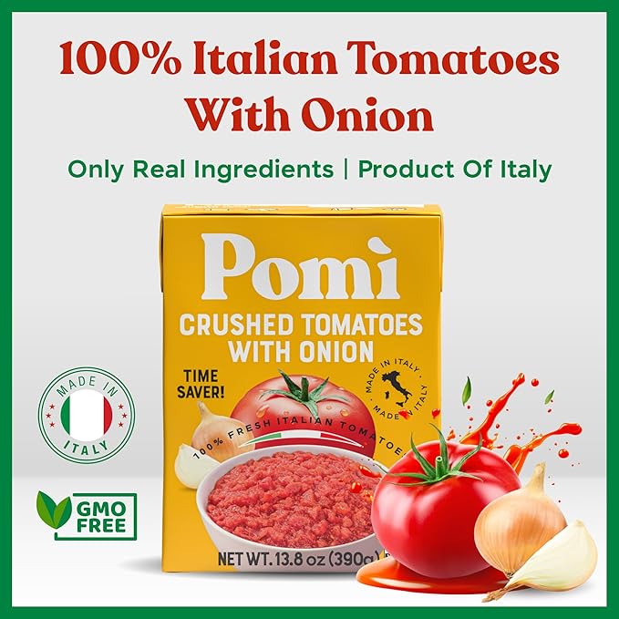 Pomì Crushed Tomatoes with Onion 13.8oz (Pack of 12) - Creamy, Velvety Italian Tomato Sauce No Salt Added, No Additives or Preservatives - BPA free Tomato Crushed - Made from 100% Fresh Italian Tomatoes