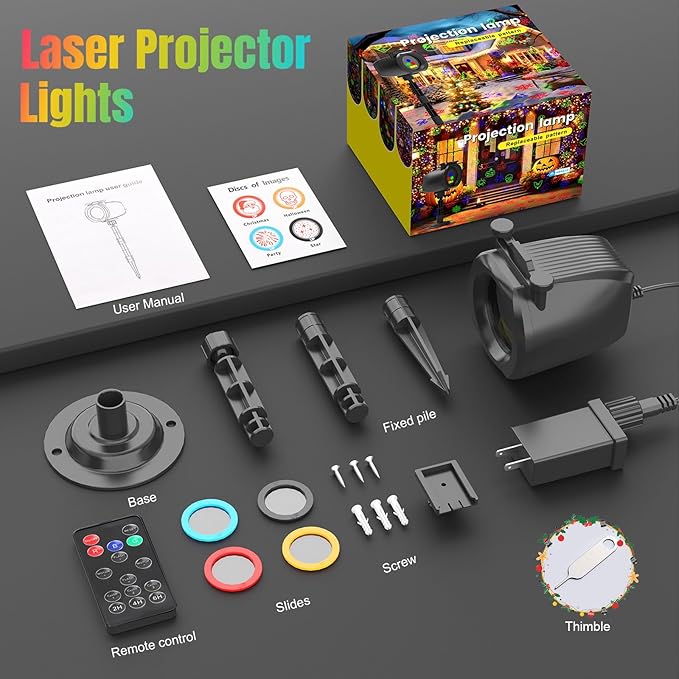 Halloween Christmas Laser Lights Projector Outdoor with 4 Dynamic Slides, 2-in-1 Moving RGB Firefly Laser Lights with Remote,Timer, Landscape Holiday Porjector for Window Wall Xmas Decor