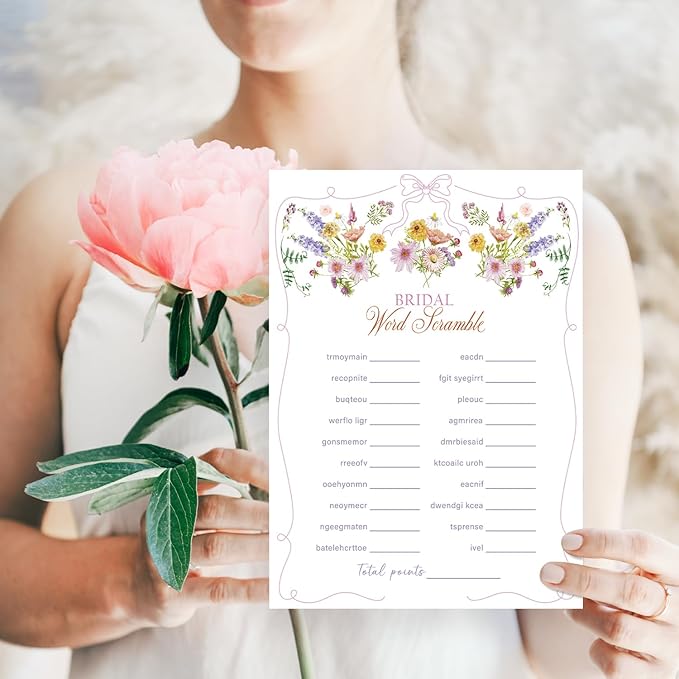 Word Scramble Bridal Shower Games, Wildflowers Pink Bow Games Card for Wedding Reception, Bridal Shower, Engagement, Bachelorette Party Activity Decorations (25 Pack) -A01