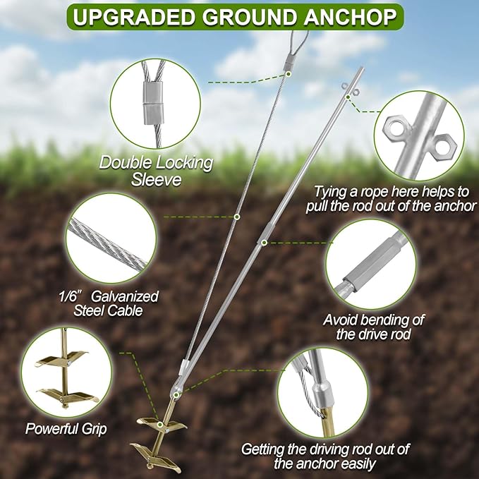 Earth Anchors for Trapping with Drive Rod Tool, 35" x 1/8" Galvanized Cable for Securing Camping
