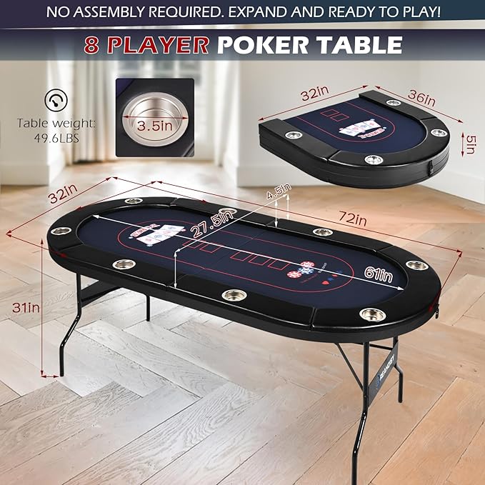 Poker Table Foldable, 8/10 Player Folding Poker Tables with Casino Grade Felt, Padded Rails & Cup Holders, Portable Poker Table for Texas Holdem (72 Inch-Black & Dark Blue)