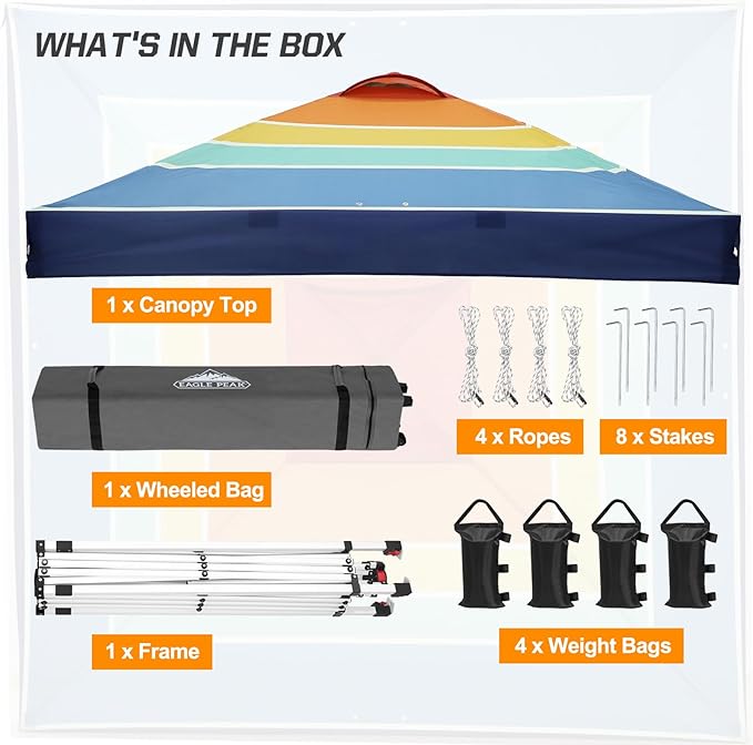 EAGLE PEAK Pop Up Canopy Tent with Wheeled Carry Bag, 8 Stakes, 4 Ropes, 4 Weight Bags, Easy Set Up Tent Canopy, 10x10 ft, 100sqft of Shade, Retro Stripe Multi