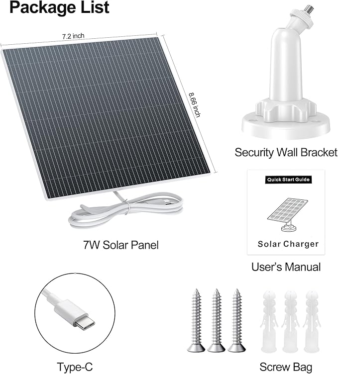 Ankway Solar Panel for Security Camera 7W Solar Panels for Cameras with 9.8ft Charging Cable, 5V Type C Port, IP65 Waterproof Camera Solar Panel Charger with 360° Adjustable Mounting (1 Pack)
