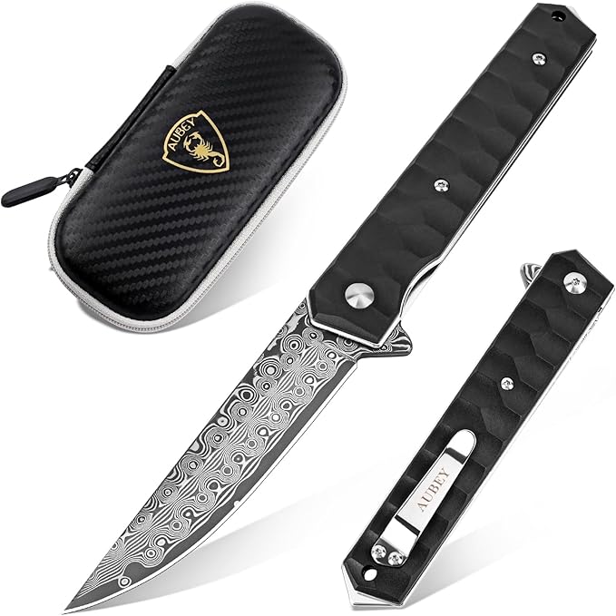 AUBEY Damascus Pocket Knife with Clip, Tanto Blade Damascus Steel Folding Knives for Men Tactical, Aluminum Handle with Glass Breaker for EDC Camping