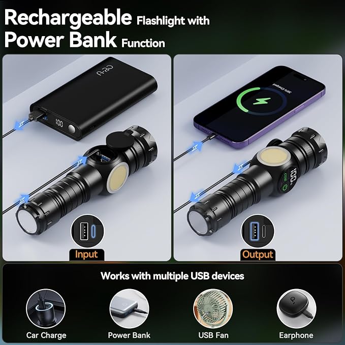 Flashlight Rechargeable 2000 High Lumens Ultra-Bright Covers 3200 ft² Focus Up to 3900 feet,IPX7 Waterproof Tactical LED Flashlight with COB SideLight & Magnetic Base for Camping Home Emergency