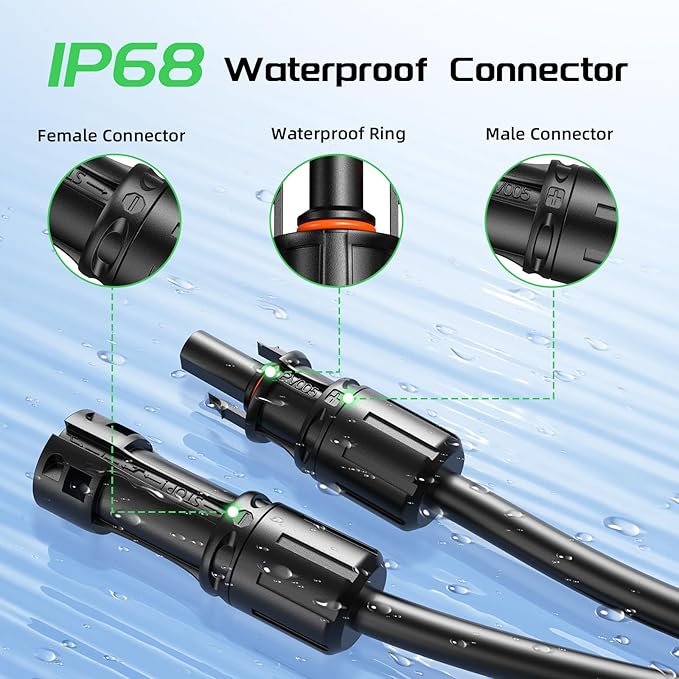 Bateria Power 10 Feet 8AWG Solar Panel Extension Cable, 10mm² Twin Wire Conductor Parallel Solar Wire Adapter Kit with Waterproof Female & Male Solar Connectors for RV, Marine, Photovoltaic Systems