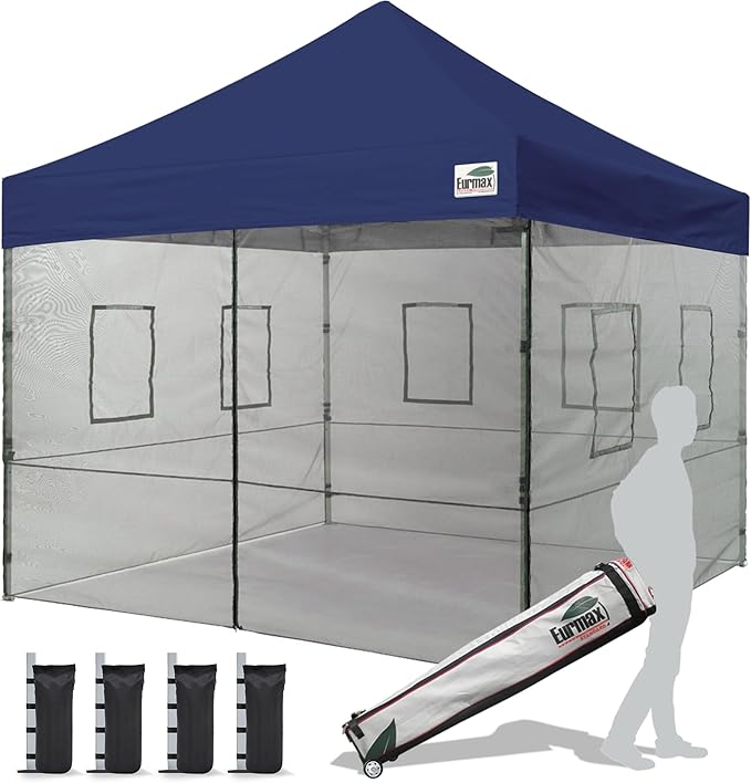 Eurmax USA 10'x10' Pop-up Canopy Tent Commercial Instant Canopies with 4 Removable Zipper End Food Service Wall kit and Roller Bag, Bonus 4 SandBags(Navy Blue)