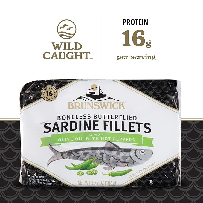Brunswick Sardines in Olive Oil with Hot Peppers, 3.75 oz Can - Boneless Butterflied Sardine Fillets - Wild Caught - 16g Protein per Serving - Gluten Free, Keto Friendly
