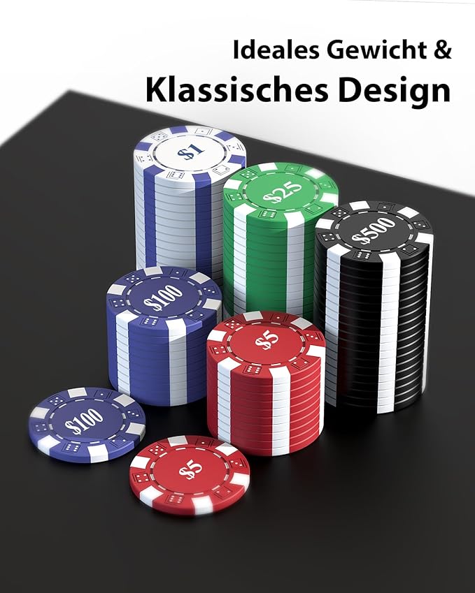 Poker Chips 1000 Chips Set with Denominations, 11.5g Weighted Numbered Casino Chips Set, 2 Decks with Compact Aluminum Case for Texas Hold'em, Blackjack Chips