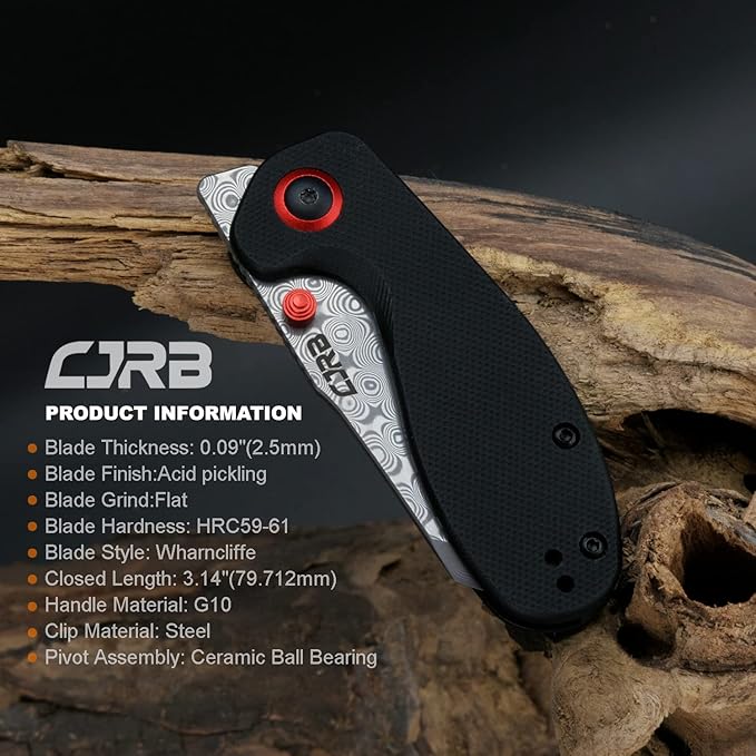 CJRB Maileah pocket knife, folding knife with 2.39'' Damascus Steel Blade, Black G10 Handle EDC Knife for Men Outdoor Survival Camping Limited Edition (J1918D)