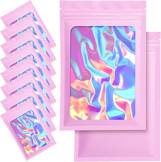 100 Pack Mylar Bags - 4 x 6 Inch Resealable Smell Proof Bags Foil Pouch Flat Bag with Front Window Pink