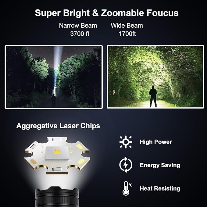 Flashlights High Lumens Rechargeable 3 Packs, 900,000L Led Flashlight Battery Powered with 5 Light Modes, Side Light, USB C, Zoomable, Blue & Red Strobe, Handheld Flash Lights