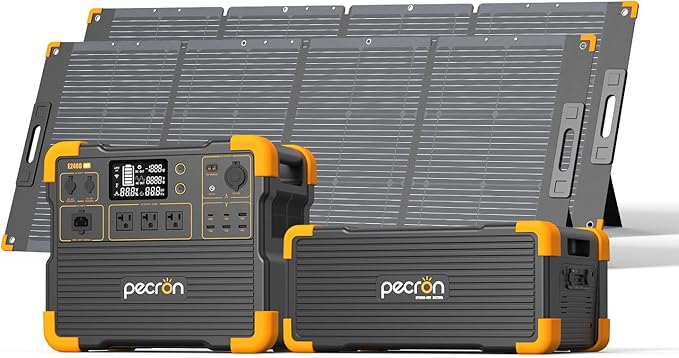 Pecron Portable Solar Power Station E2400LFP with 3072Wh Extra Battery, 300W Solar Panel*2, 2048Wh 2400W Solar Generator for RV, Camping, Home Use, CPAP, Travel, Compact Battery Backup Set