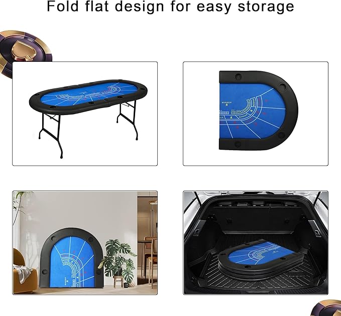 Upgrade 8 Player Poker Table for Blackjack Card Game, Foldable Texas Hold'em Table, Portable Casino Table for Game Room with Plastic Cup Holder, Padded Rails, Blue Felt Surface