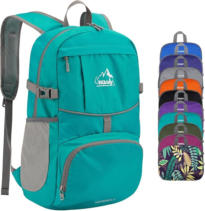 WATERFLY Hiking Foldable Daypack Backpack: 25L Ultra Lightweight Waterproof Day Pack for Woman Man - Small Compact Packable Folding Back Pack for Outdoor Sport Cycling Biking Travel Trip - Turquoise