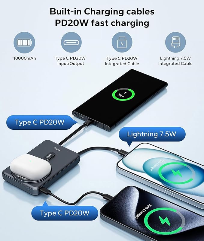 5 in 1 Magnetic Power Bank with Foldable Kickstand,Compact 10000mAh Wireless Portable Powerbank with Fast Charging,Durable Battery Pack with Carrying case,for iPhone 16/15/14/iWatch/AirPods