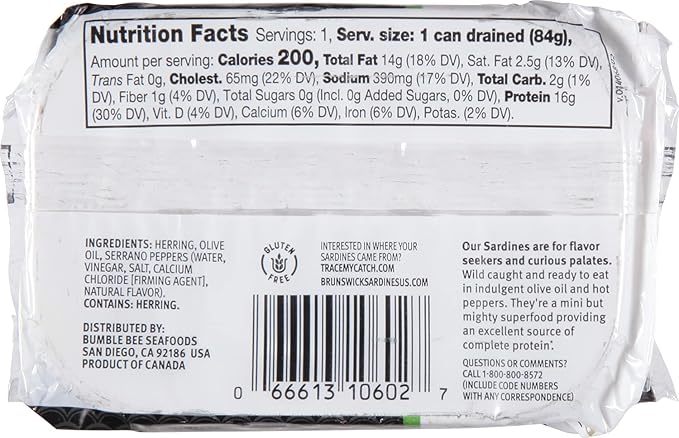 Brunswick Sardines in Olive Oil with Hot Peppers, 3.75 oz Can - Boneless Butterflied Sardine Fillets - Wild Caught - 16g Protein per Serving - Gluten Free, Keto Friendly