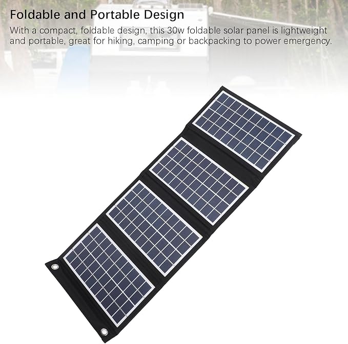 Portable Solar Panel, 30W 5V Foldable Solar Panel Charger with Dual USB Outputs, 4 Fold Water Proof Solar Panel with 2 Hooks, for Outdoor Camping Trip