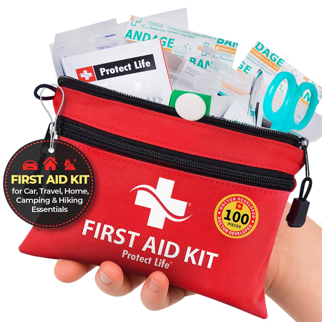 Protect Life Travel First Aid Kit for Car - Small Mini Emergency Kit, 100 Piece Waterproof First
