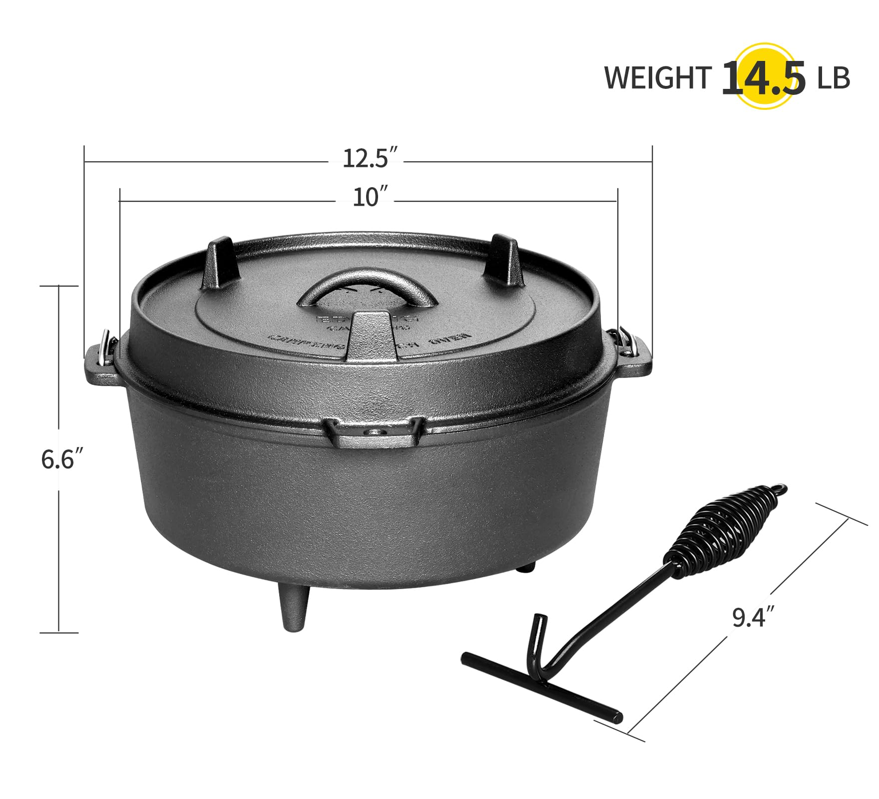 EDGING CASTING Pre-Seasoned Cast Iron Dutch Oven With Skillet Lid, Outdoor Camping Deep Pot for