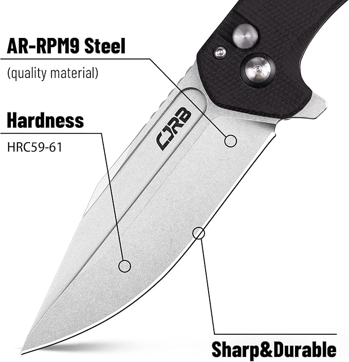 CJRB CUTLERY Folding Knife Riff (J1928) Button Lock Pocket Knife for Men AR-RPM9 Steel Blade and Black G10 Handle for Work Outdoor Hinking Camping