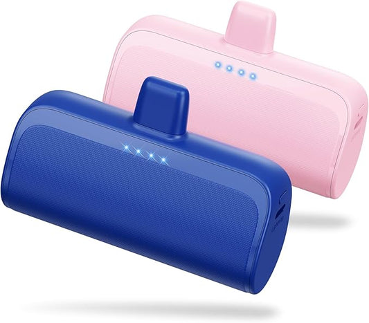 [2 Pack]Mini Portable Charger for iPhone,5200mAh Ultra-Compact Fast Charging Power Bank Cordless Cute Small Battery Pack Compatible with iPhone 14/14 Pro Max/13/13 Pro/12/11/XR/8/7/6(Pink+Blue)