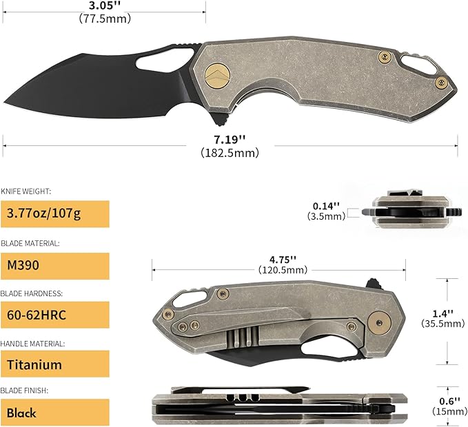 Folding Knife pocket knife EDC Knife With Clip Survival knife Camping knife - M390 Steel Titanium Handle - Outdoor Camping Survival Hunting knife with Sheath (Bronze)