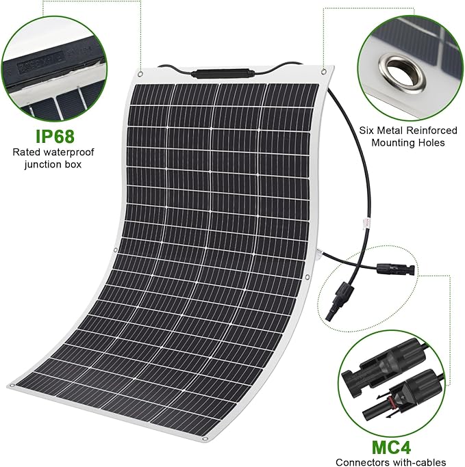 200 Watt Flexible Solar Panel 23% High Efficiency 12v Monocrystalline Lightweight Semi Flexible Bendable Off-Grid Charger for Rv Boat Uneven Surfaces