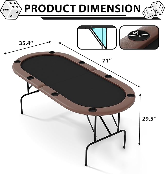 8 Player Foldable Poker Table, 71" Portable Folding Poker Game Tables with Collapsible Legs, Cup Holders, Casino Grade Felt Surface, Oval Card Game Poker Table for Game Room, Brown
