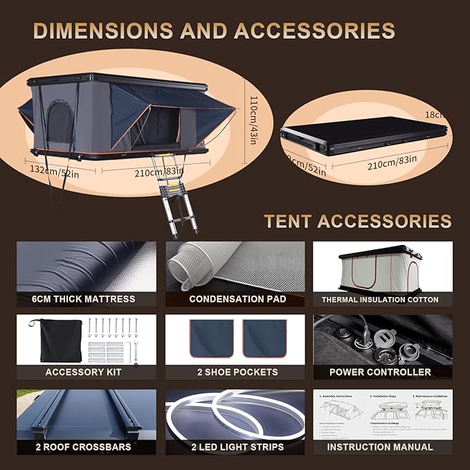 Rooftop Tent Hard Shell - Outdoor Car Camping 2-3 Person Truck, Sedan, SUV, Waterproof, Teardrop, Windproof, Sturdy, Easy Up Roof for SUV Road Trip Essentials Overland, Large, Black (Upgraded version)
