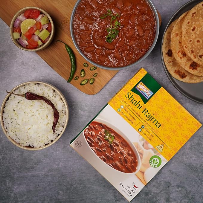Ashoka Authentic Indian Meals 1932, Vegan Red Kidney Beans, All-Natural Microwaveable Entrees, Shahi Rajma, Kosher Certified, Travel Friendly Box, Gluten-Free & with No Preservatives, Pack of 10