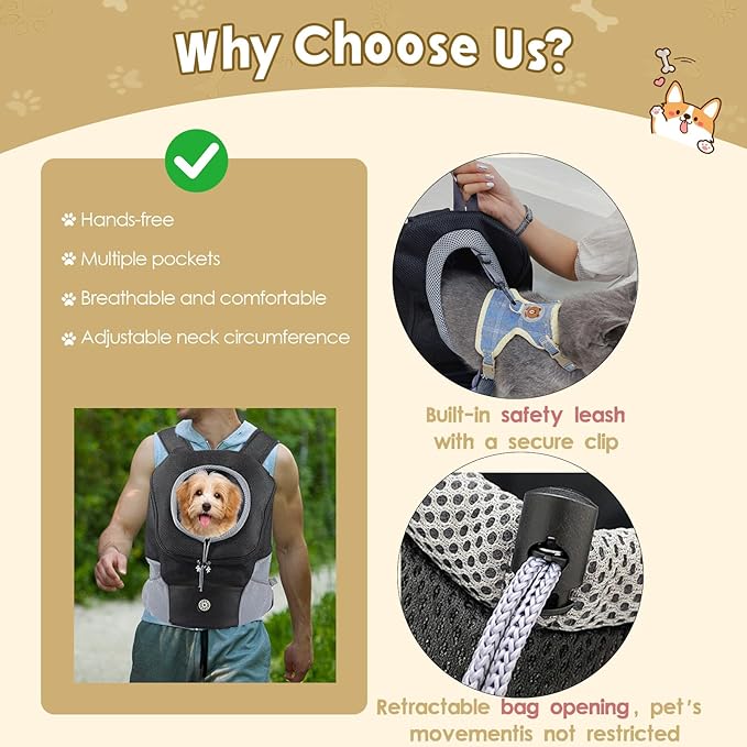 Adjustable Dog Backpack Carrier for Small Dogs, Breathable Front & Back Carry Pet Carrier with Safety Leash, Multi-Pocket Design for Hiking Travel Cycling (Medium)